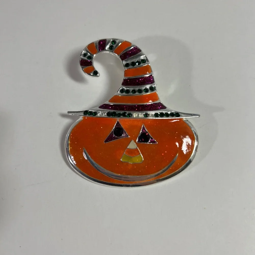 Halloween Enamel Pumpkin Witch Hat Brooch Pin Beads 2.5